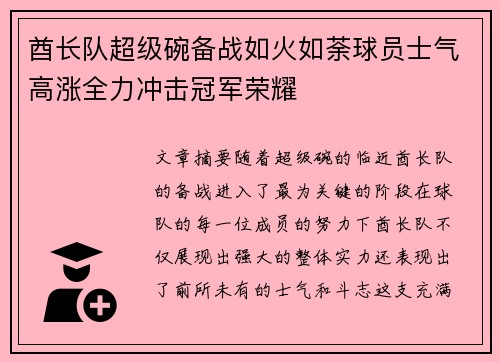 酋长队超级碗备战如火如荼球员士气高涨全力冲击冠军荣耀