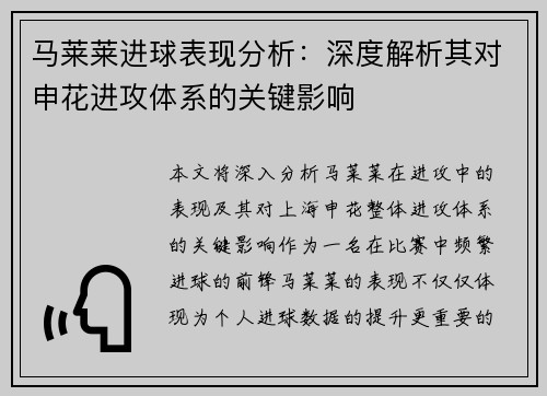 马莱莱进球表现分析：深度解析其对申花进攻体系的关键影响